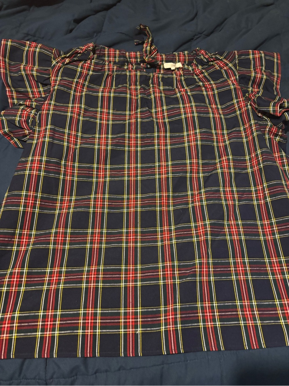 Entro Plaid Tie neck top Navy, Red & Yellow